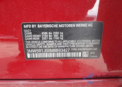 2021 BMW 330I from USA, damaged, VIN 3MW5R1J0XM8B93427